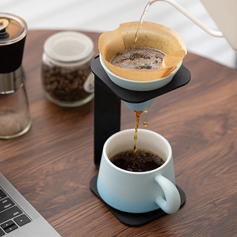 Slow Coffee Brewer Stand Set | Ceramic Dripper, Matching Mug & Metal Pour-Over Stand
