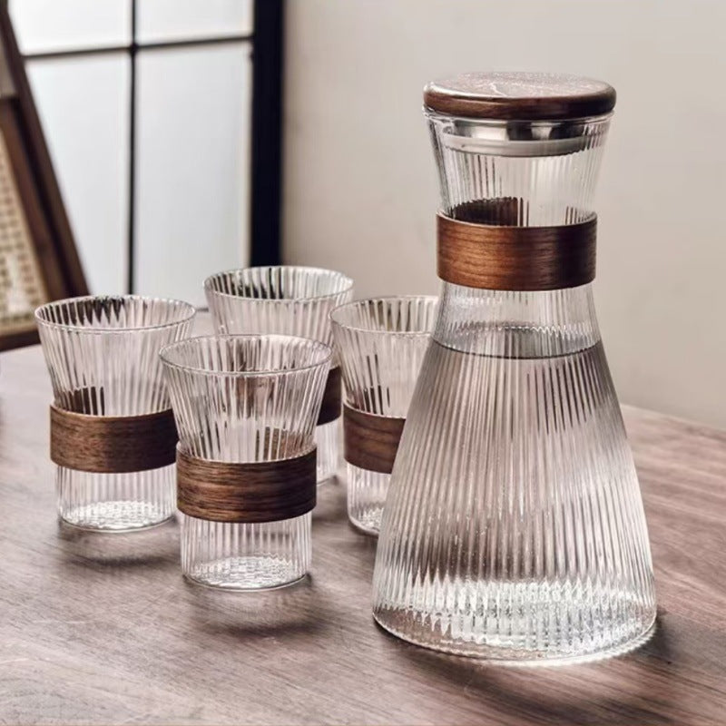 Ribbed Glass Carafe with Wooden Lid — 1.5L Water Pitcher
