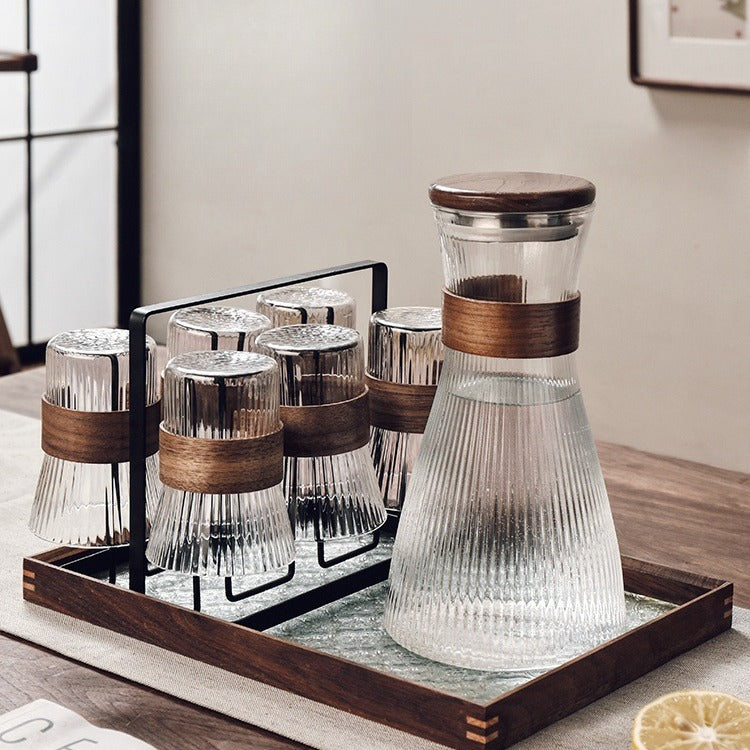 Ribbed Glass Carafe with Wooden Lid — 1.5L Water Pitcher