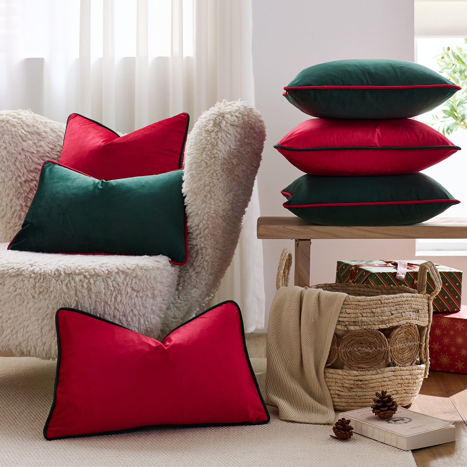 Velvet Christmas Cushion Cover – Red & Green with Contrast Piping