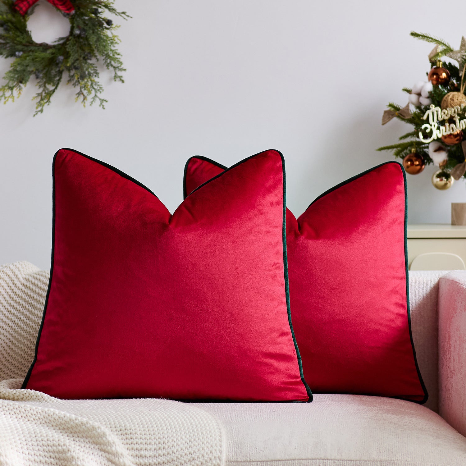 Velvet Christmas Cushion Cover – Red & Green with Contrast Piping