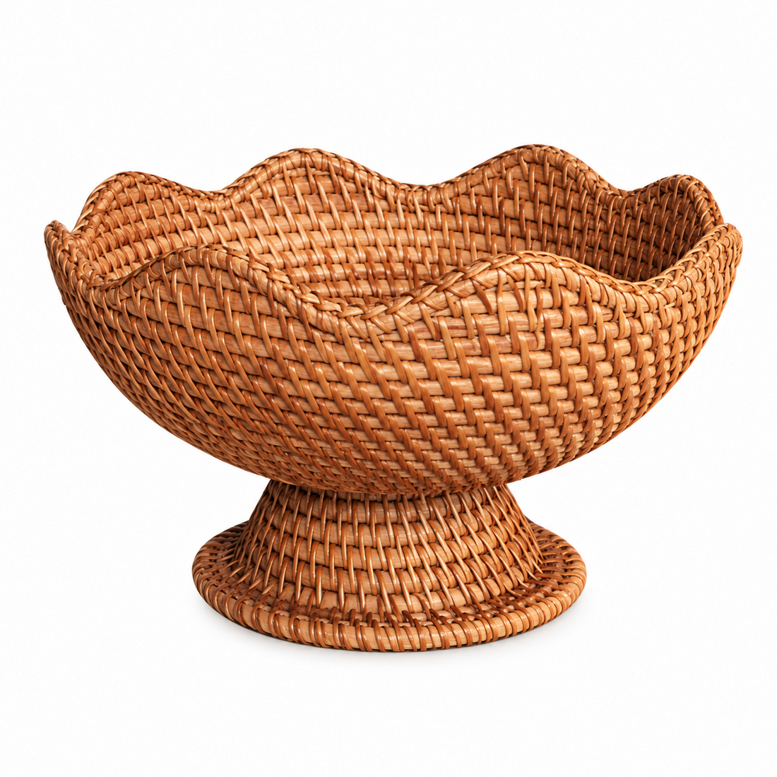 Rattan Pedestal Fruit Basket – Woven Scalloped Design