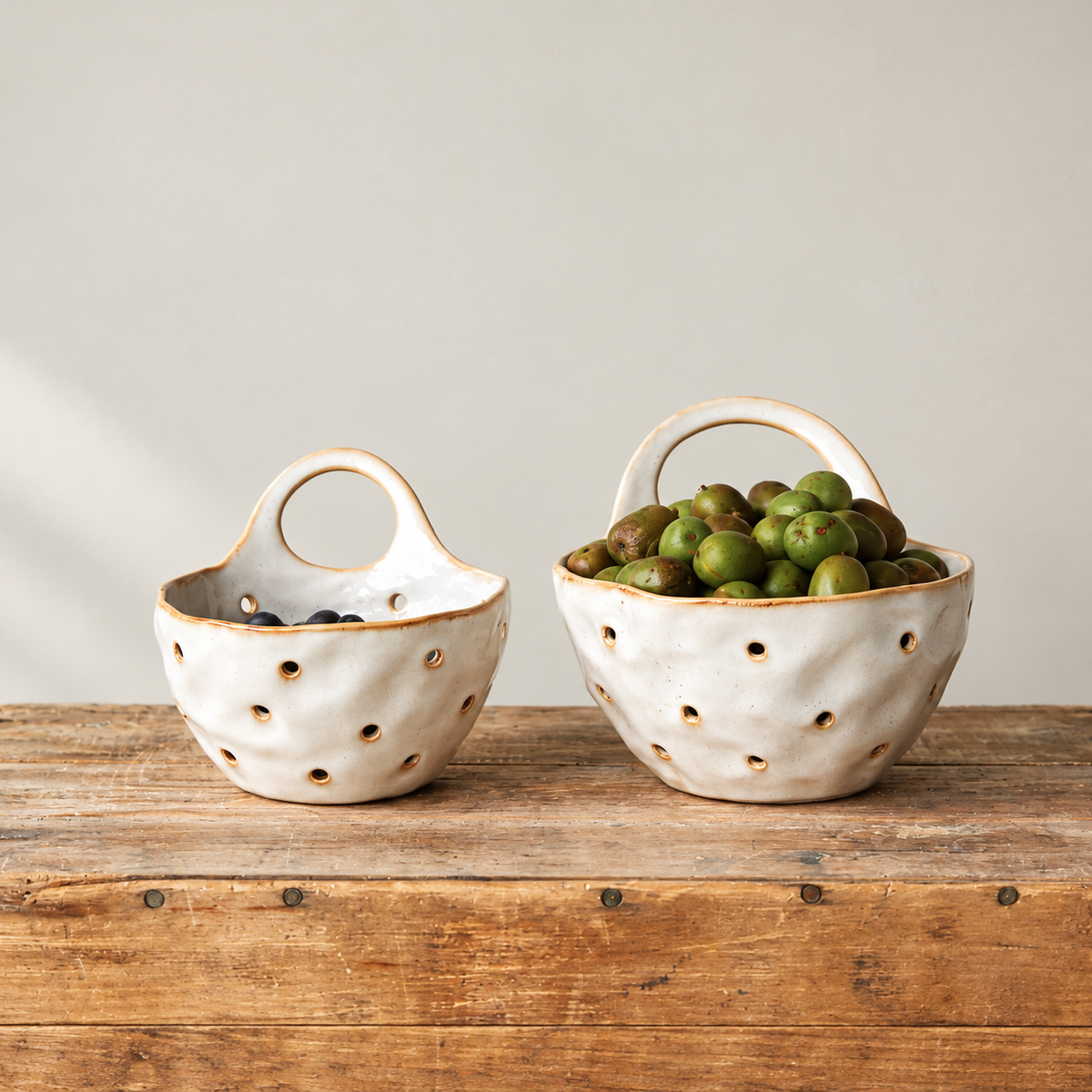 Cream Ceramic Colander Set - 2 Piece Stoneware Baskets