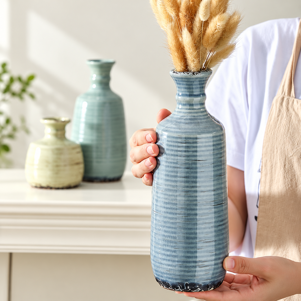 Rustic Ceramic Vase Set - 3 Decorative Vases