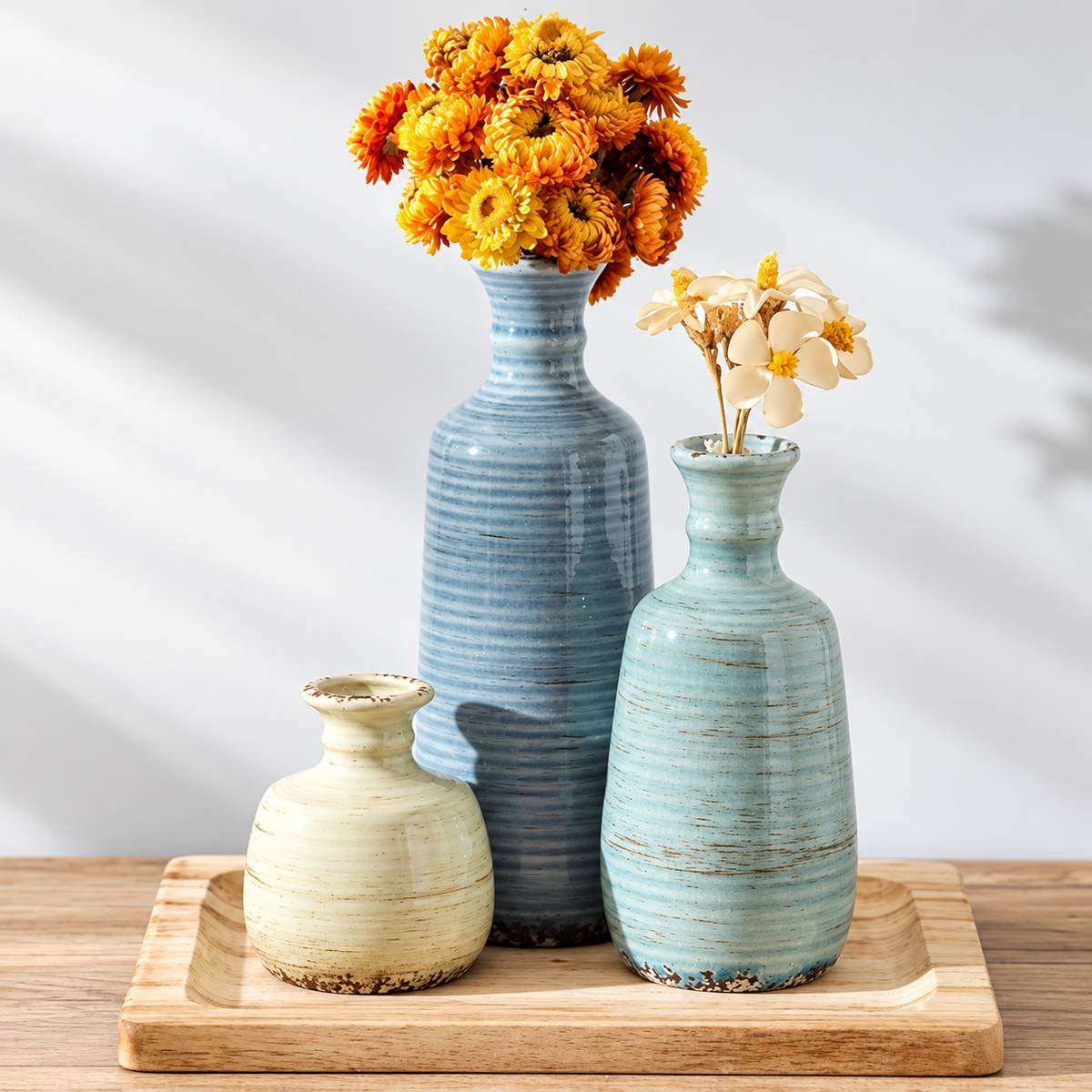 Rustic Ceramic Vase Set - 3 Decorative Vases