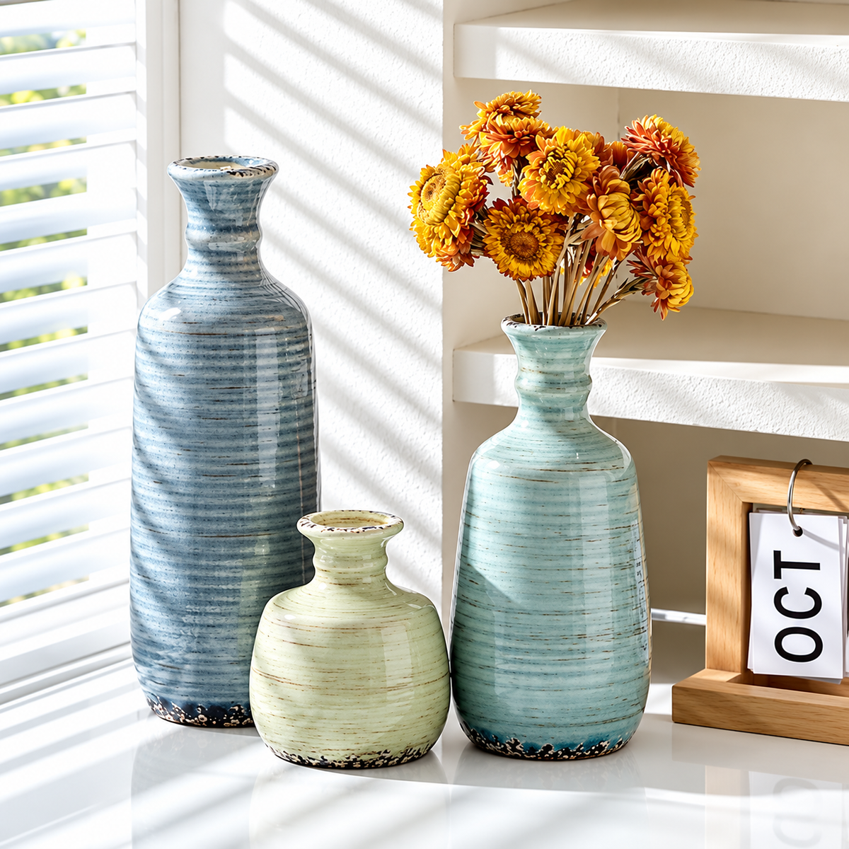 Rustic Ceramic Vase Set - 3 Decorative Vases