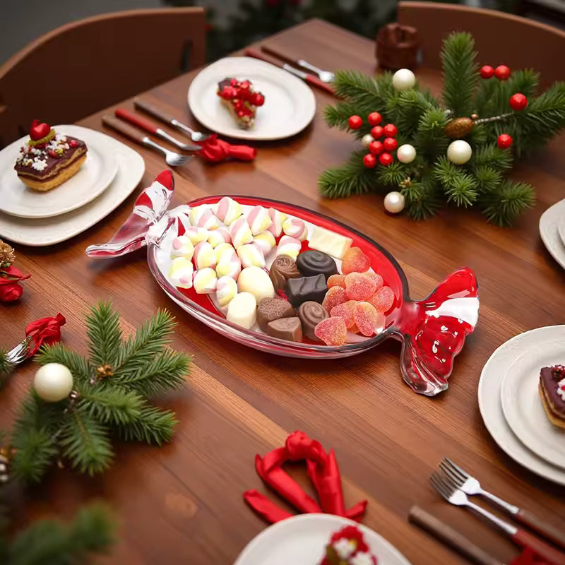 Glass Candy-Shaped Decorative Platter | Red & Clear Stripe Design
