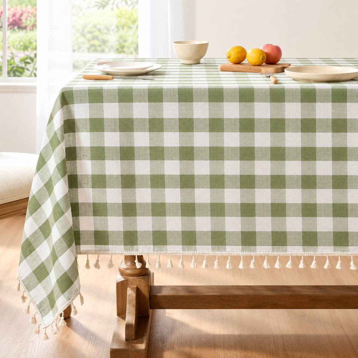 Sage Green Gingham Tablecloth - Tassel Trim
