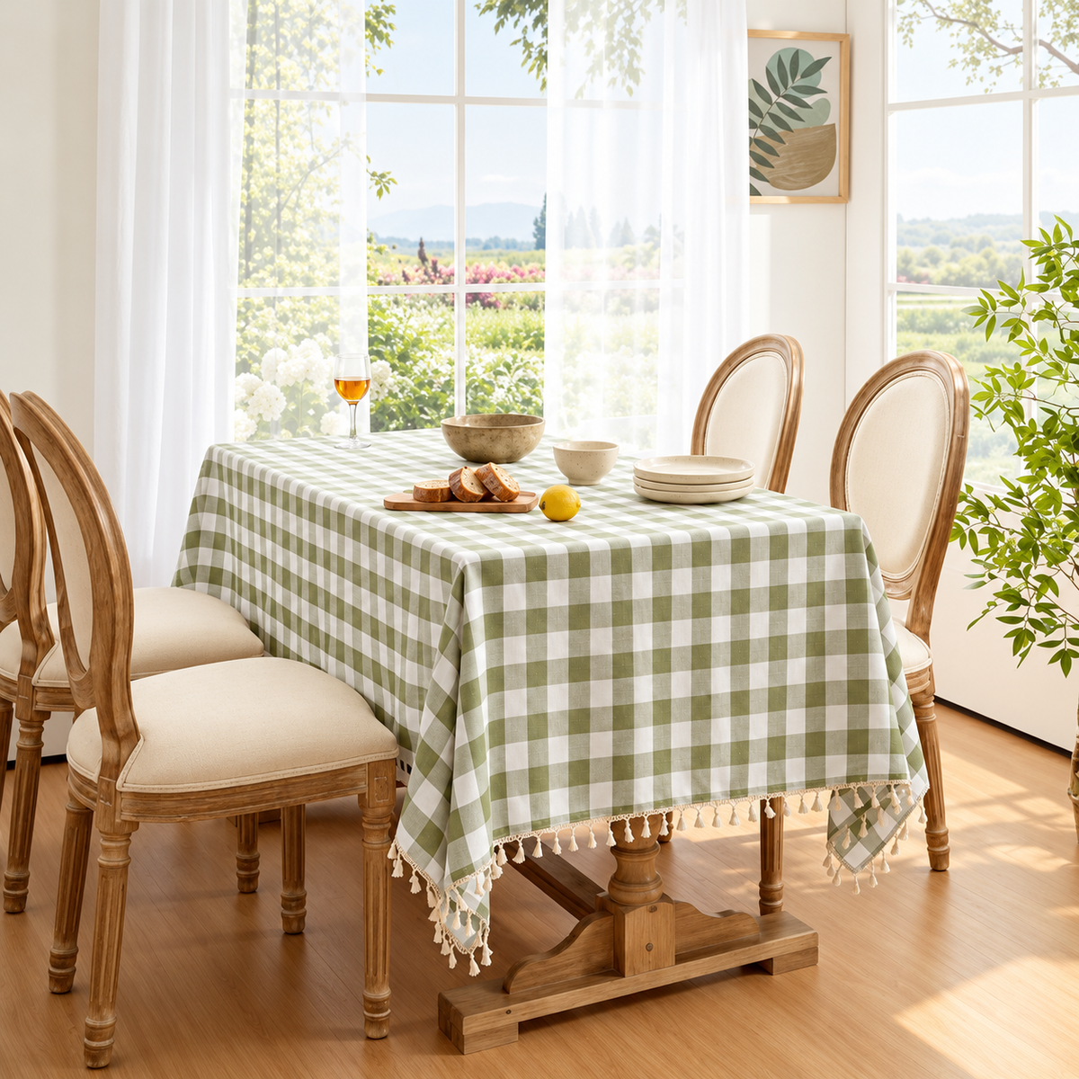 Sage Green Gingham Tablecloth - Tassel Trim