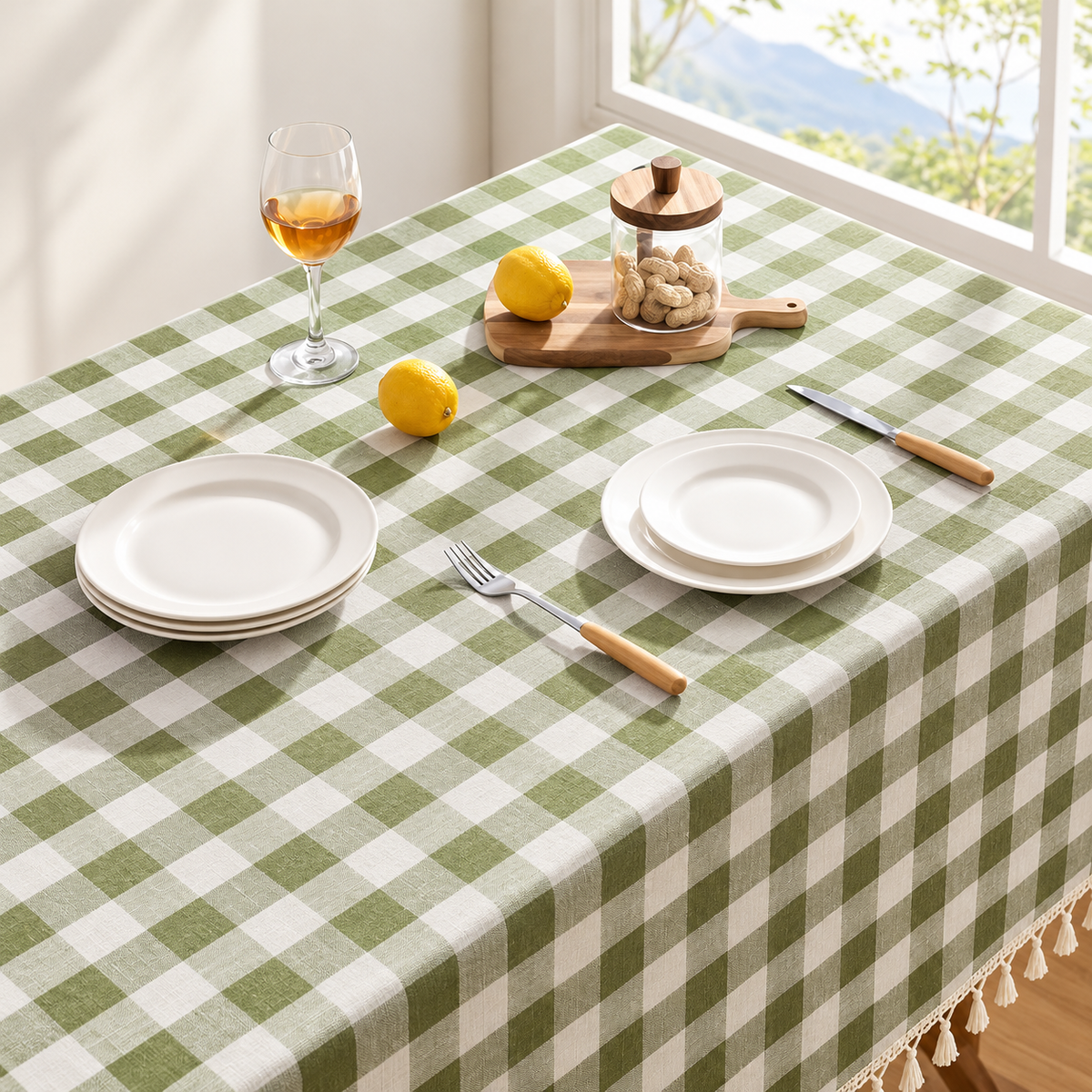Sage Green Gingham Tablecloth - Tassel Trim