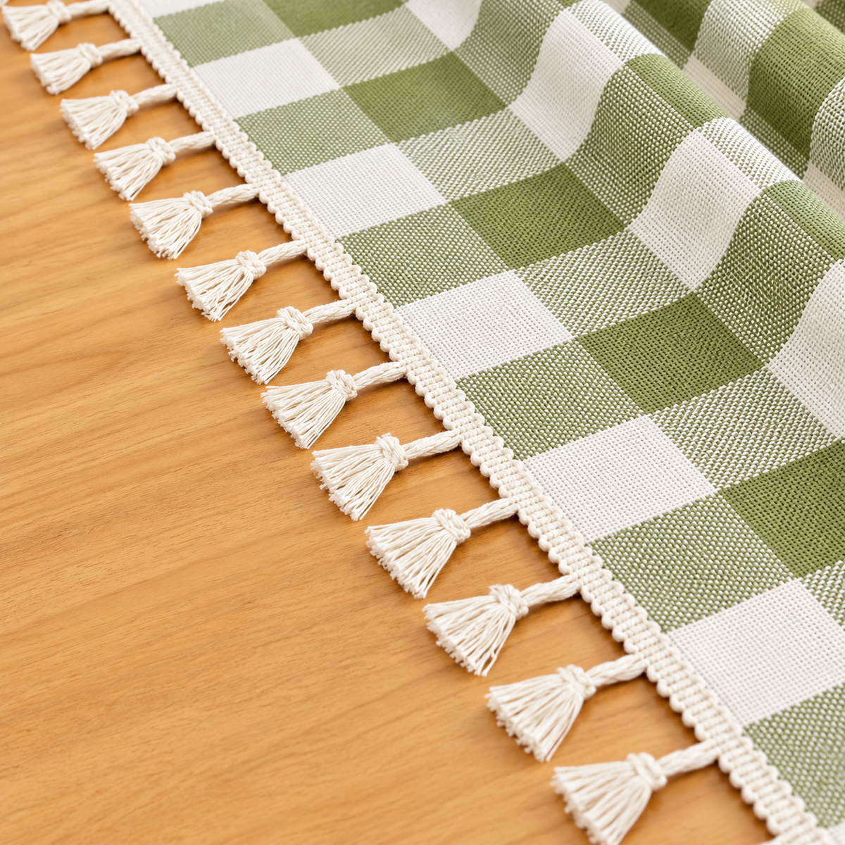Sage Green Gingham Tablecloth - Tassel Trim