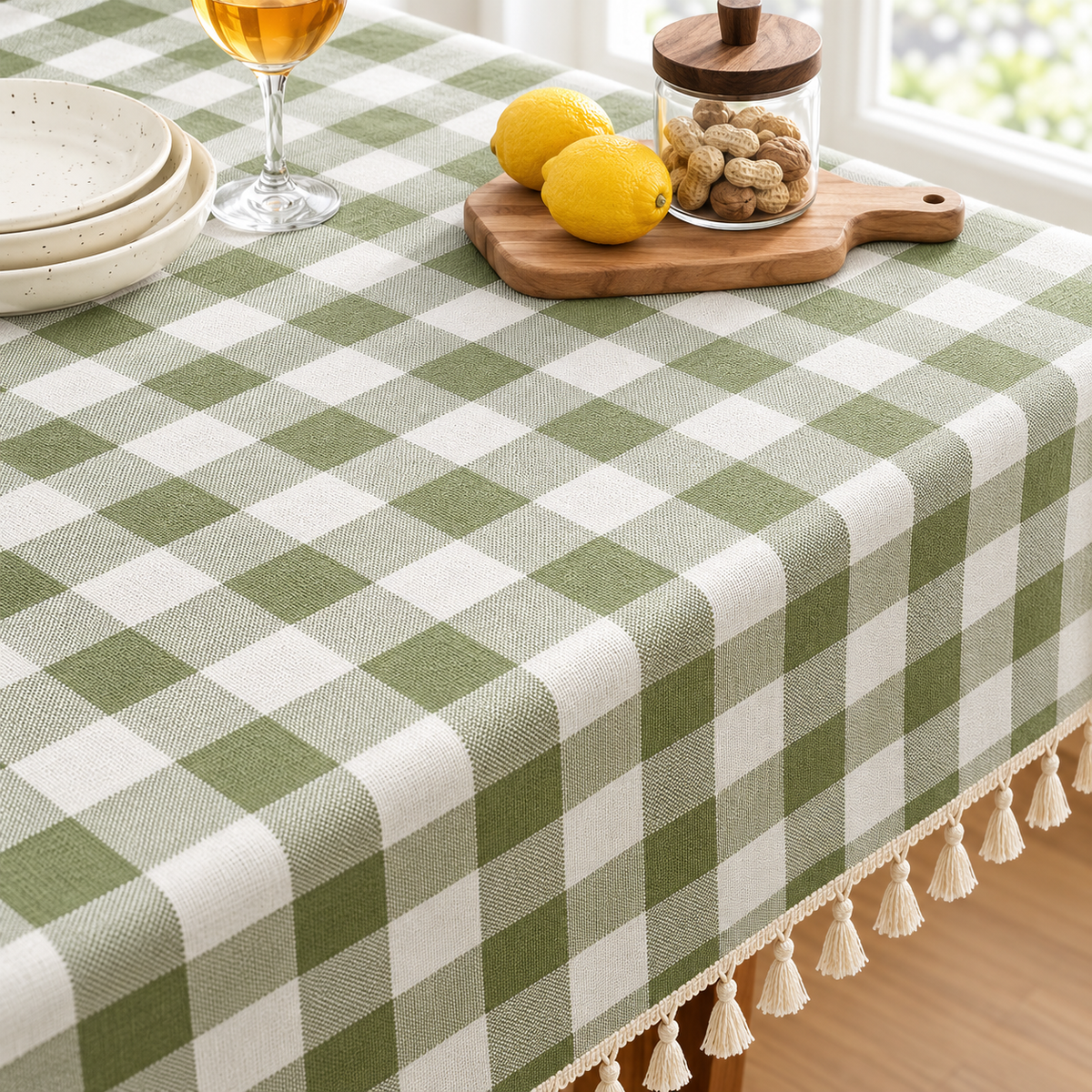 Sage Green Gingham Tablecloth - Tassel Trim