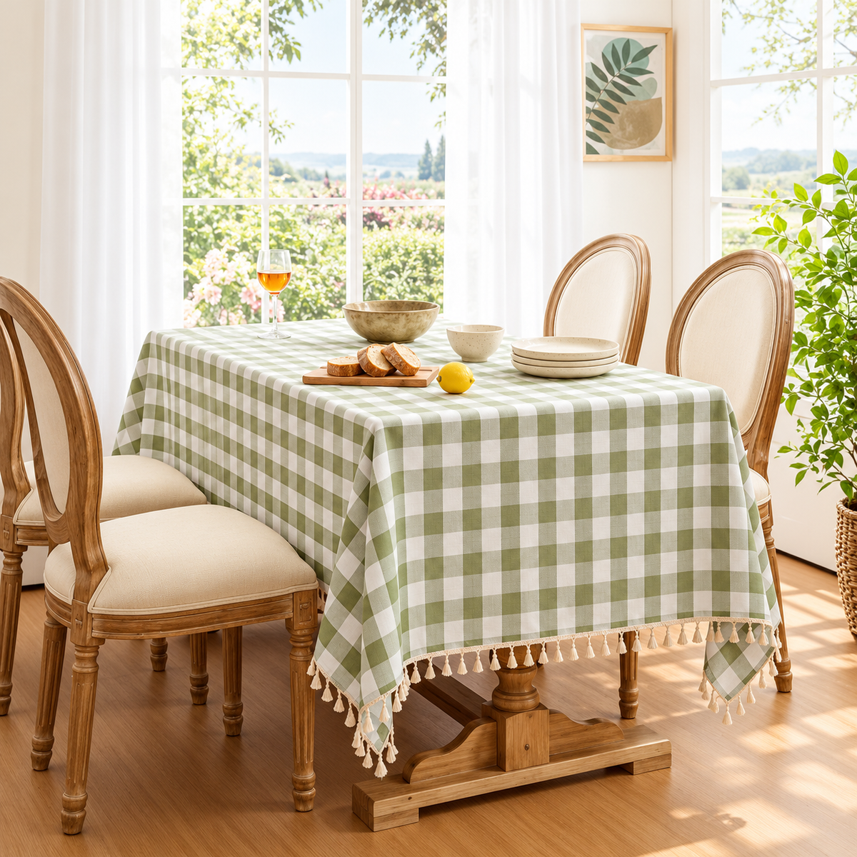 Sage Green Gingham Tablecloth - Tassel Trim