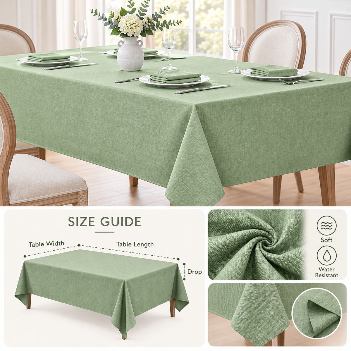 Sage Green Tablecloth - Waterproof Linen Texture