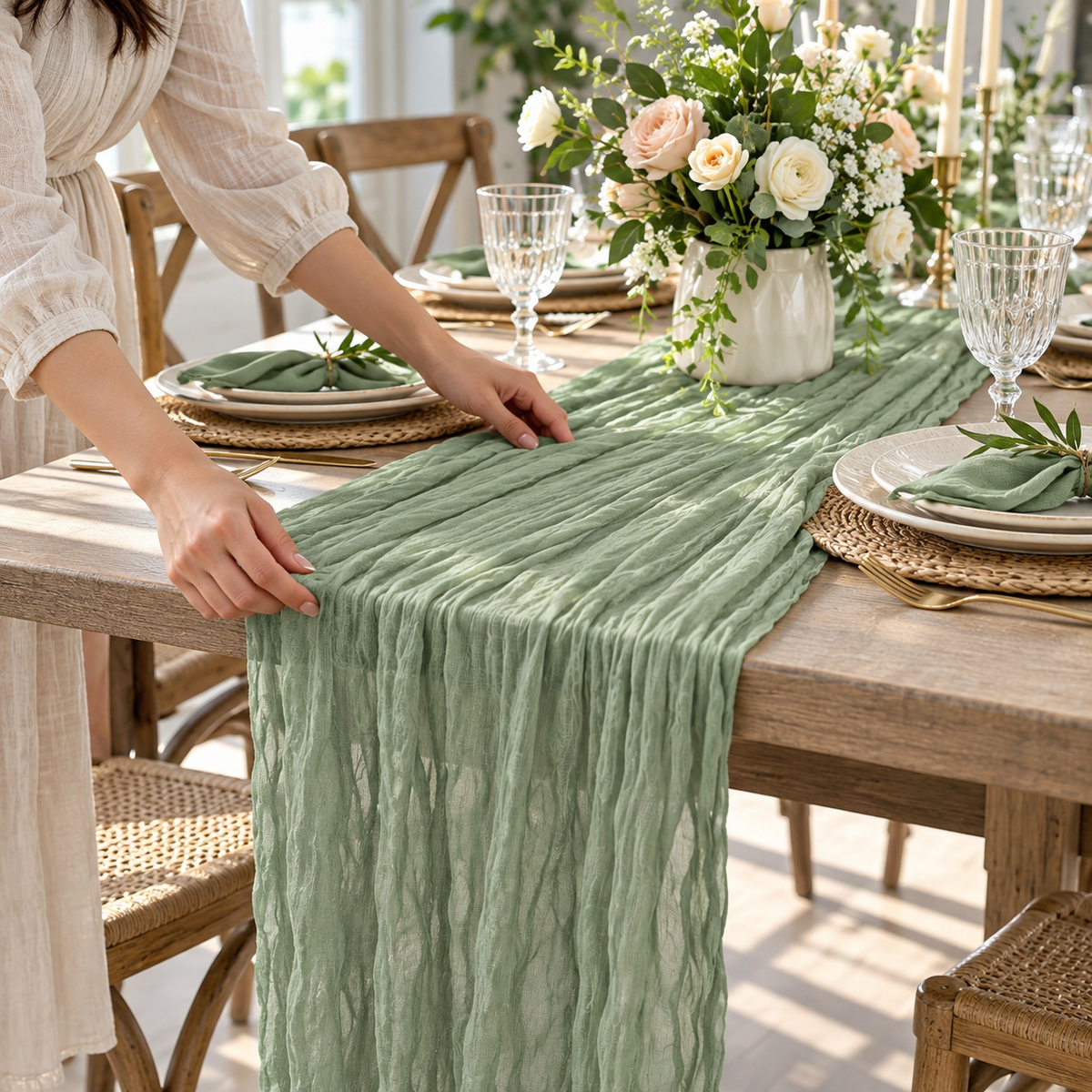 Sage Green Cheesecloth Table Runner