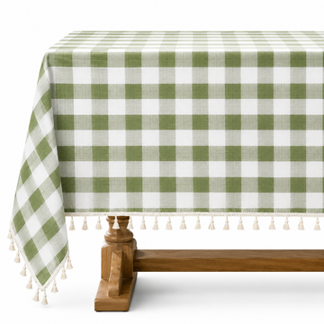 Sage Green Gingham Tablecloth - Tassel Trim