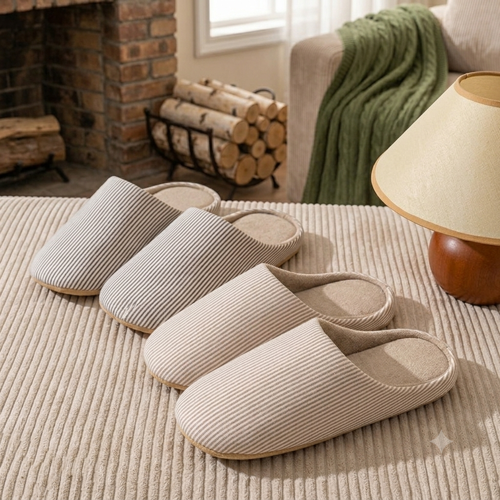 Cotton Home Slippers – Soft Striped Non-Slip Indoor Slides