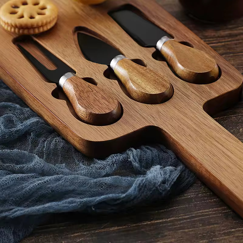 Acacia Wood Cheese Board Set with 3 Stainless Steel Cheese Knives