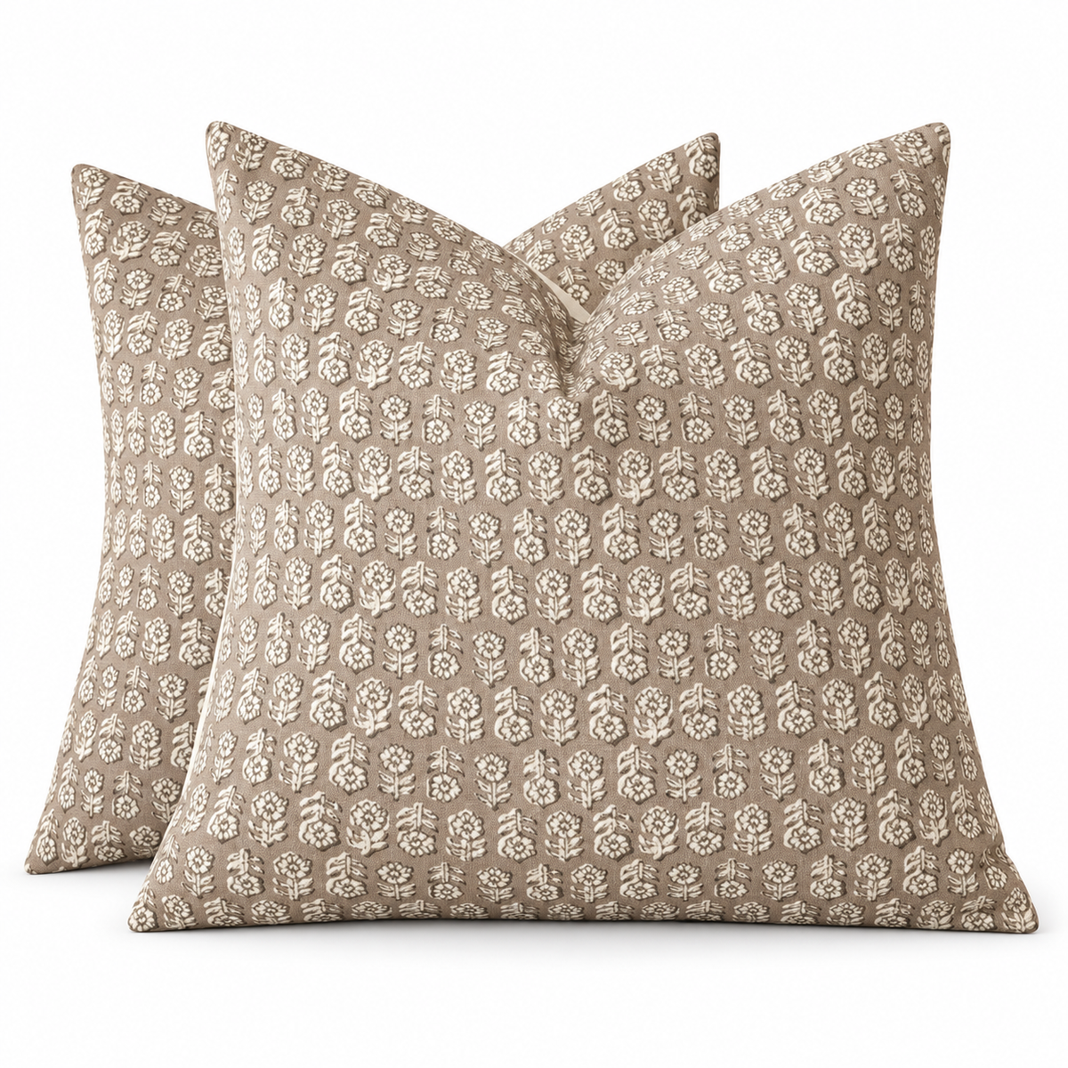 Taupe Floral Pillow Covers - Neutral Block Print