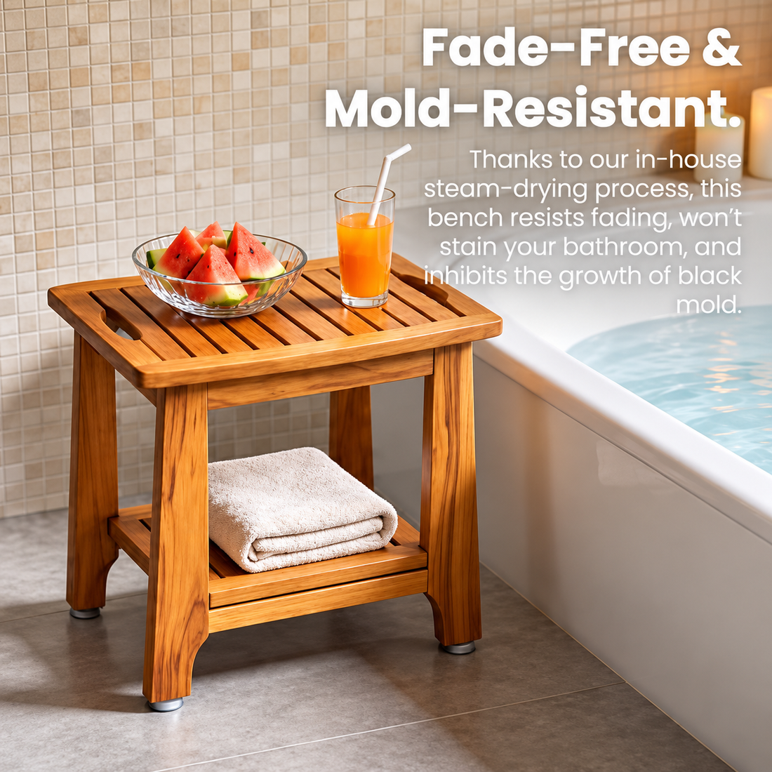 Teak Shower Stool - Solid Wood with Storage Shelf