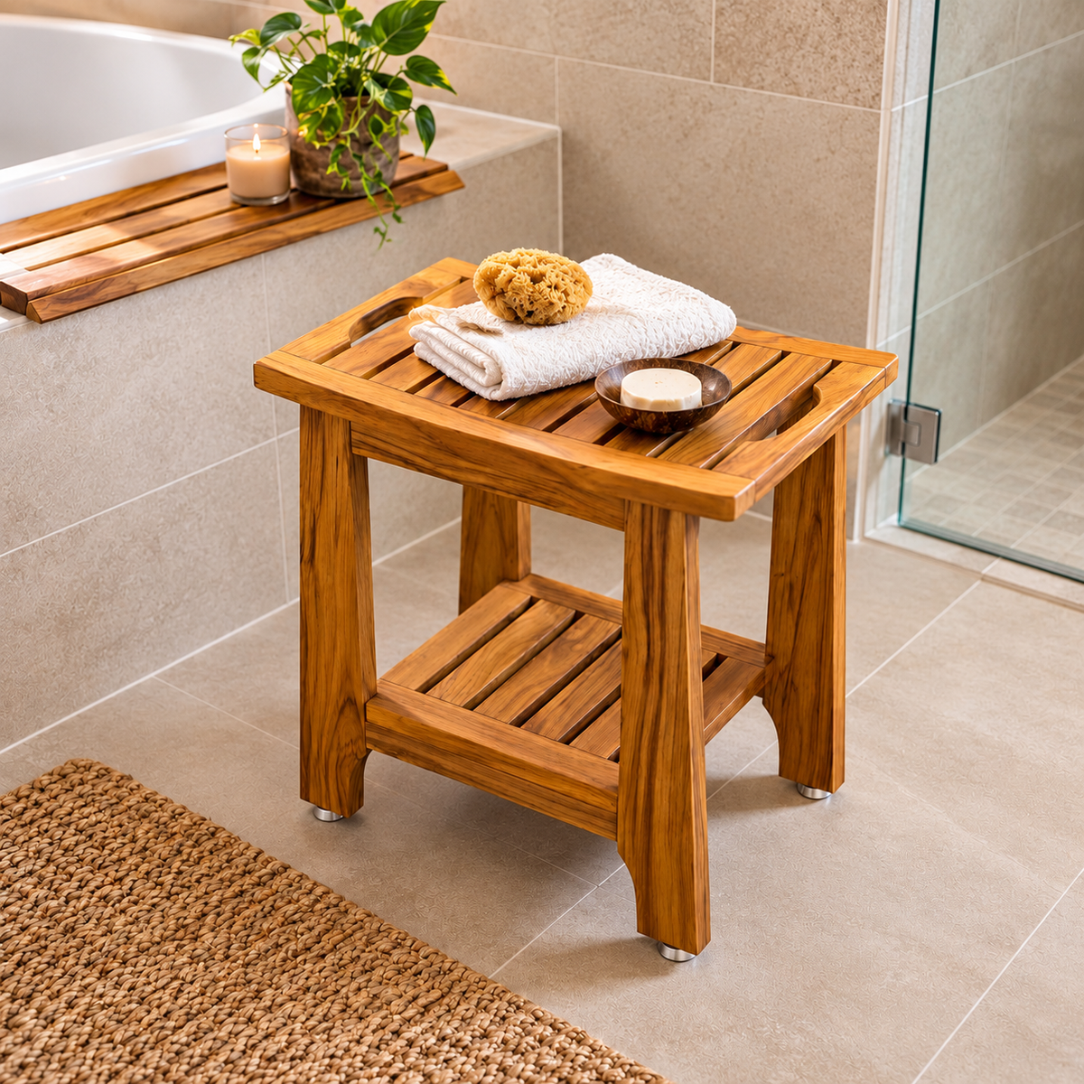 Teak Shower Stool - Solid Wood with Storage Shelf