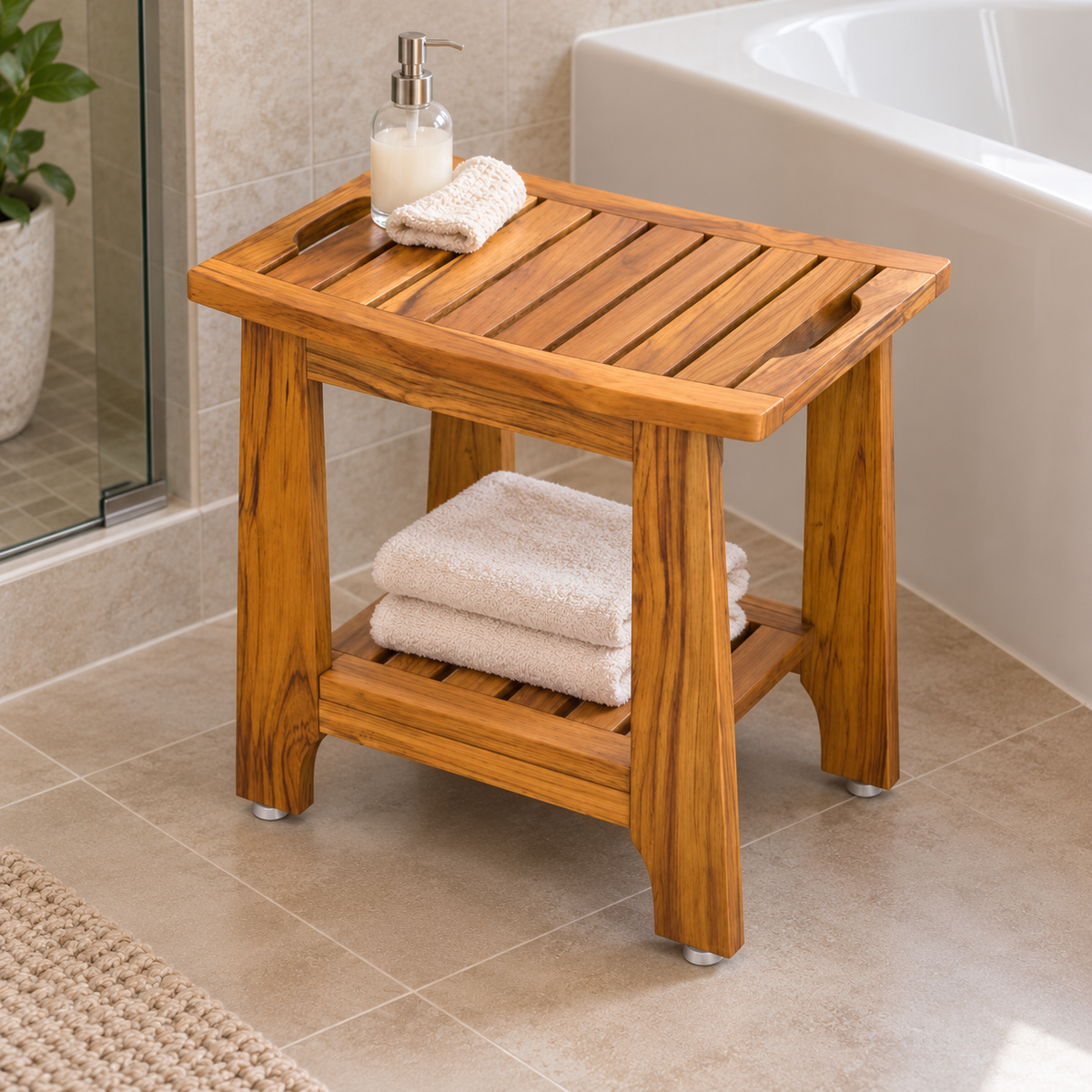 Teak Shower Stool - Solid Wood with Storage Shelf