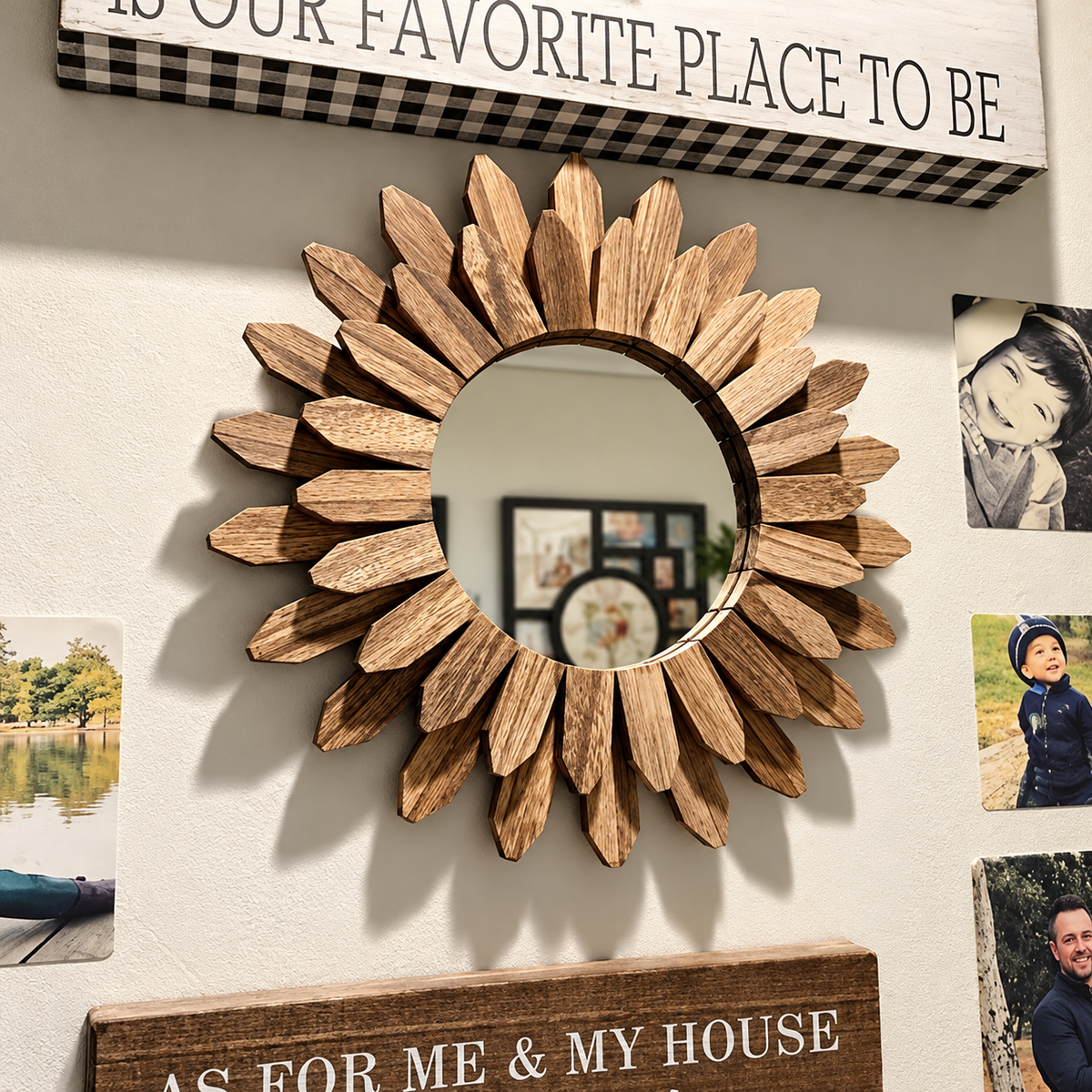 Wall Mirror - Rustic Wood Sunburst Design