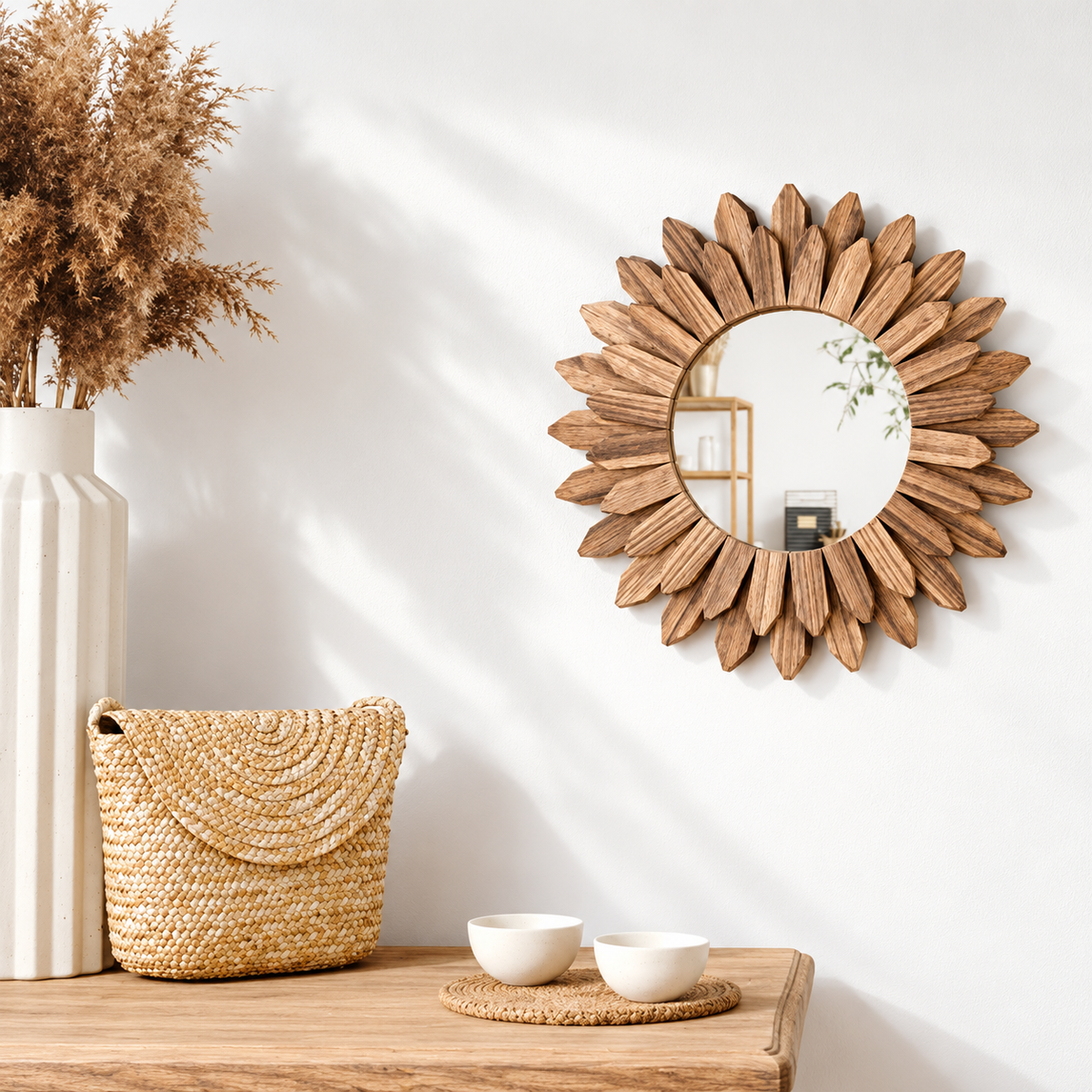 Wall Mirror - Rustic Wood Sunburst Design