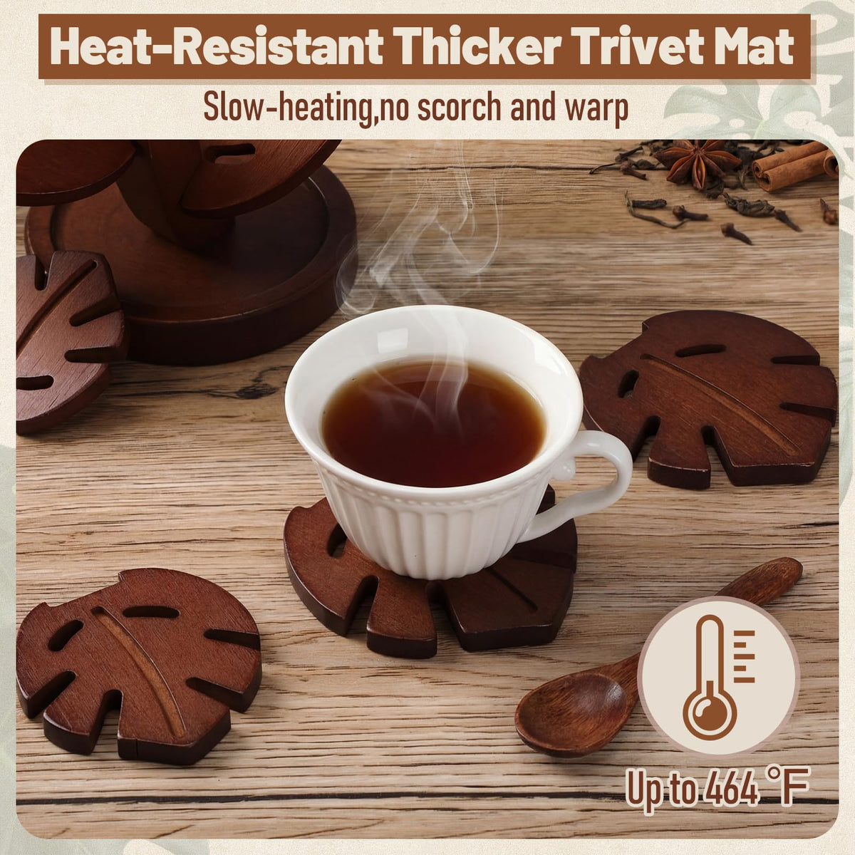 Wooden Leaf Trivet Set - 7 Piece Table Protector