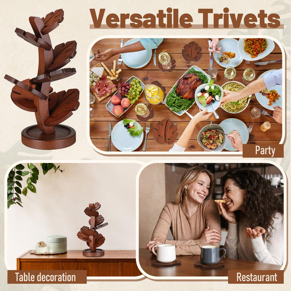 Wooden Leaf Trivet Set - 7 Piece Table Protector
