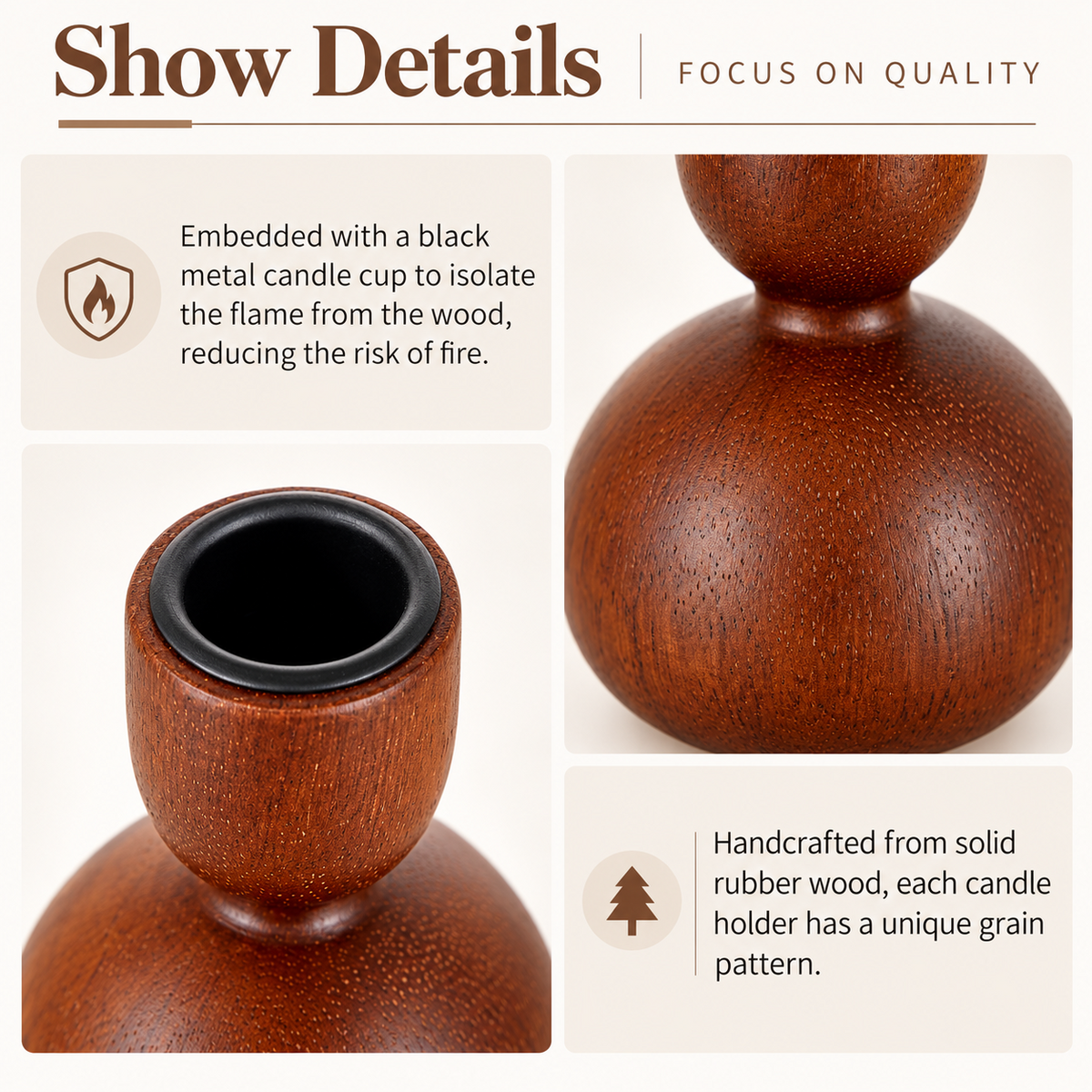Wooden Taper Candle Holders - Set of 3