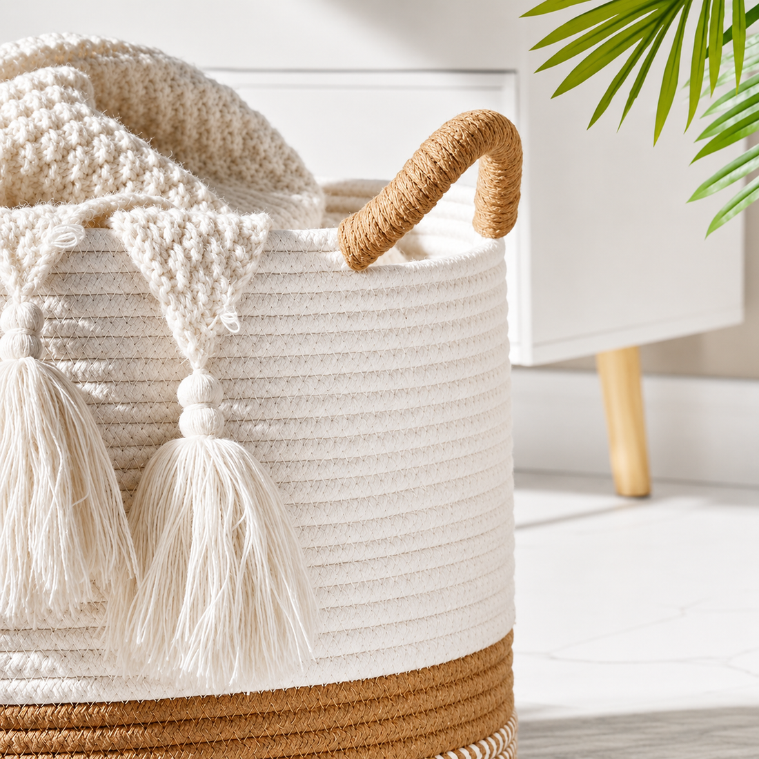 Large 20-inch woven cotton rope storage basket for blankets and laundry