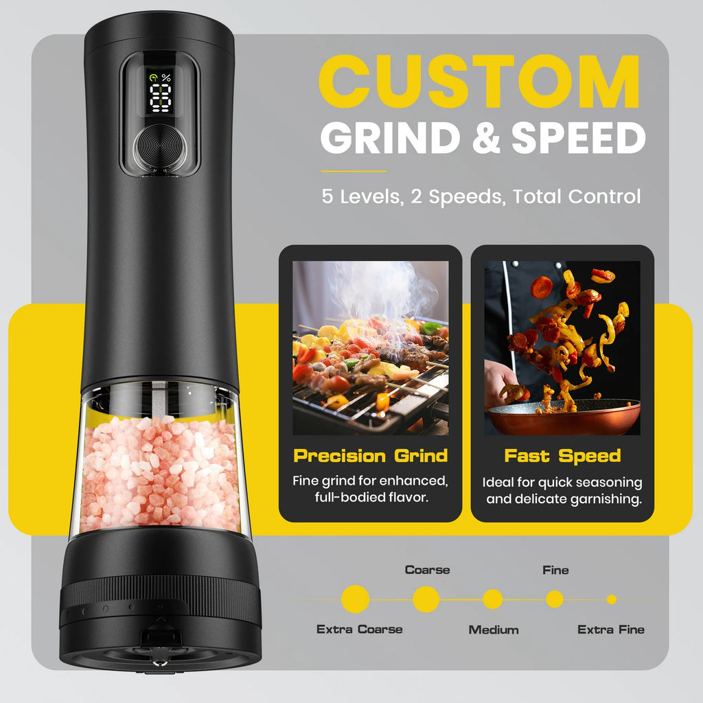 Electric Salt & Pepper Grinder Set | Rechargeable, LED Display, Adjustable Grind Levels