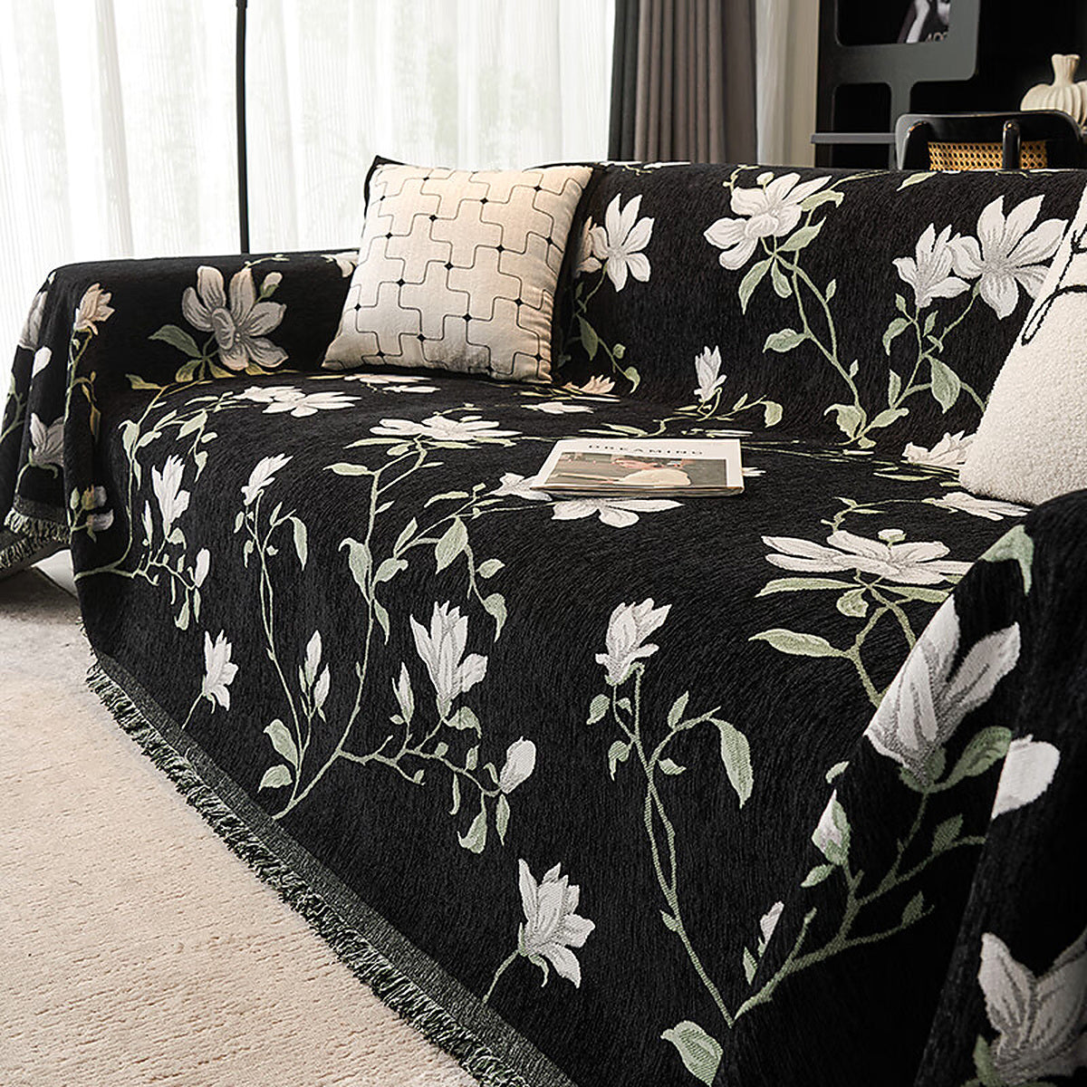 Vintage Floral Chenille Sofa Cover - Fringed Design