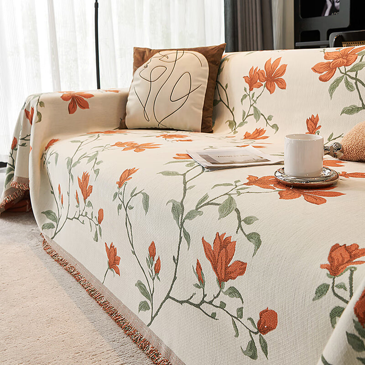 Vintage Floral Chenille Sofa Cover - Fringed Design