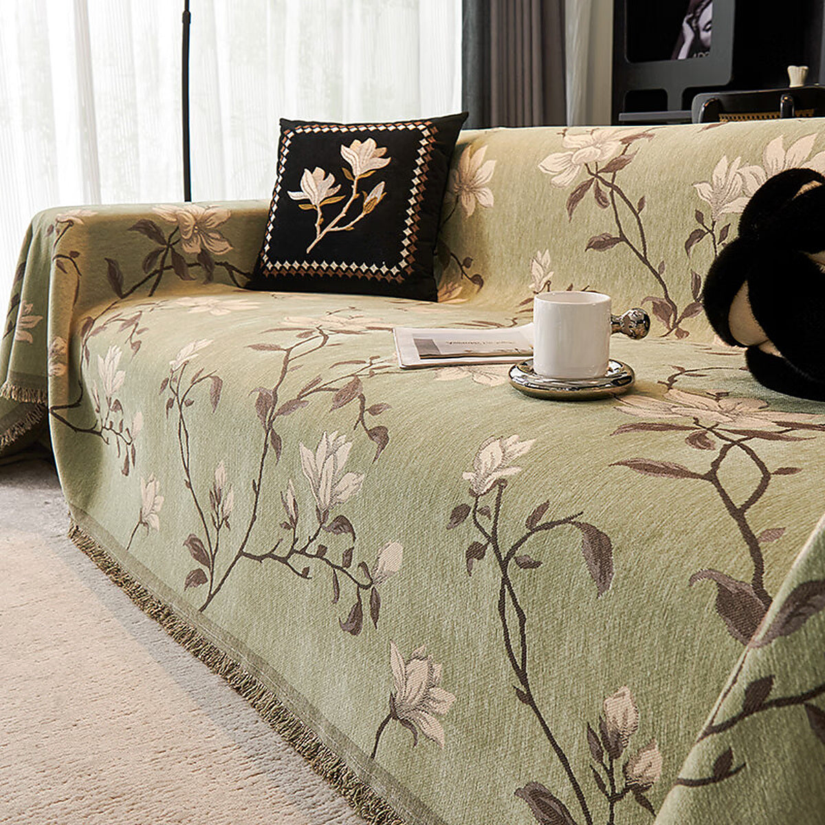 Vintage Floral Chenille Sofa Cover - Fringed Design