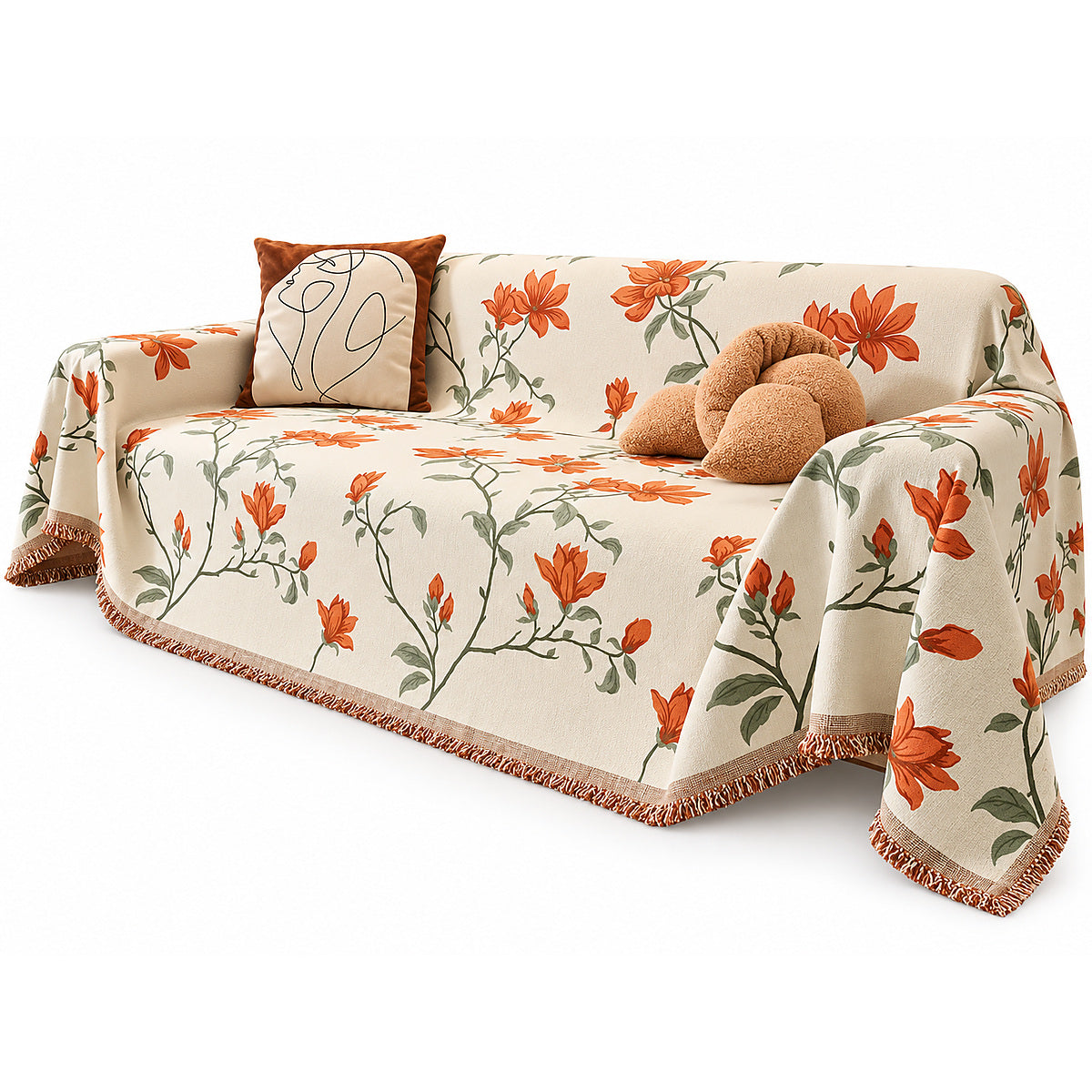 Vintage Floral Chenille Sofa Cover - Fringed Design