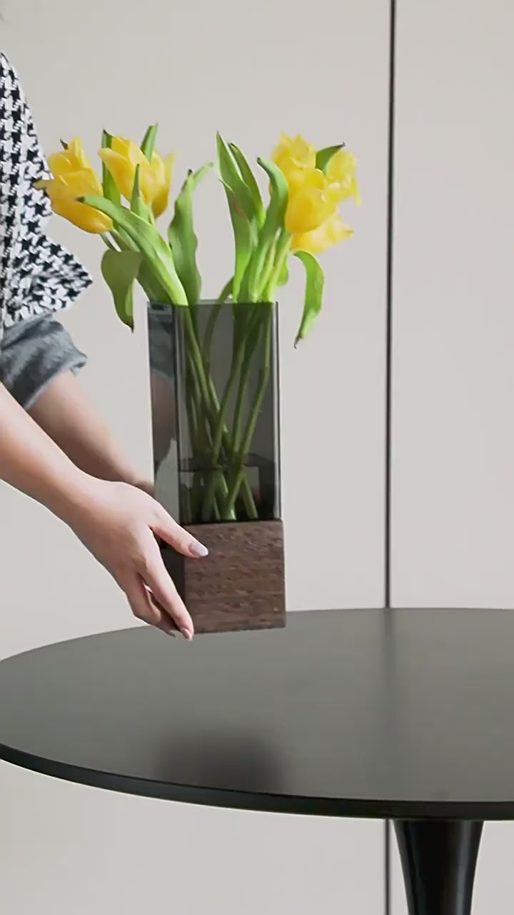 Modern Rectangular Acrylic Vase with Wooden Base