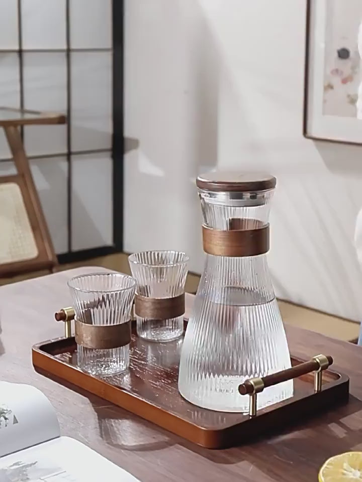 Ribbed Glass Carafe with Wooden Lid — 1.5L Water Pitcher